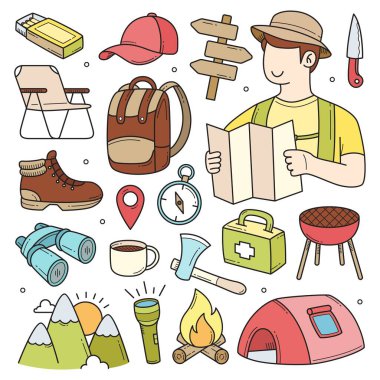 Kamp ve açık havada karalama elle çizilmiş nesne ögeleri vektör illüstrasyonu