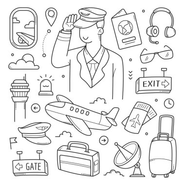 Pilot ve havalimanı nesnesi el çizimi vektör illüstrasyonu