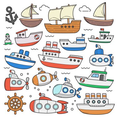 Ship and submarine doodle sketch hand drawn collection vector graphic