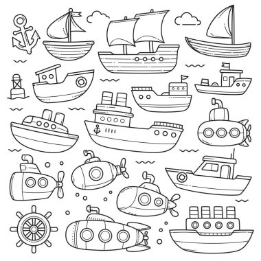 Ship and submarine doodle sketch hand drawn collection vector graphic