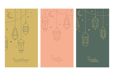 Ramadan Kareem greeting card boho design style with outline lanterns