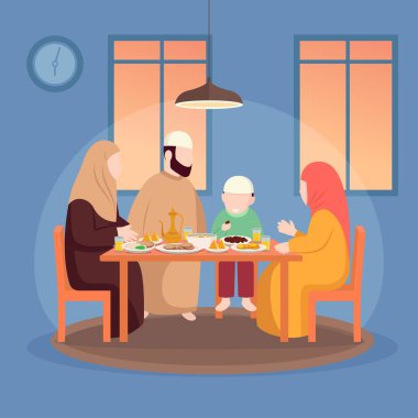 Moslem family iftar enjoying ramadan kareem mubarak together in happiness during fasting with meal, food and dates, suitable for Greeting card, invitation and banner. flat vector illustration