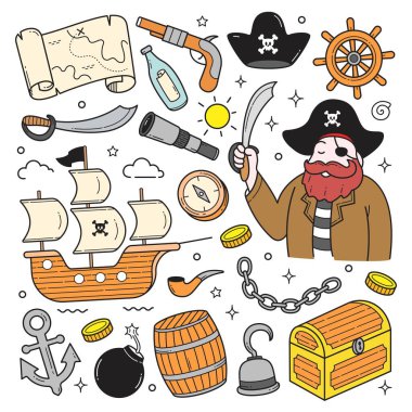 Set of Pirates Doodle hand drawn objects vector illustration