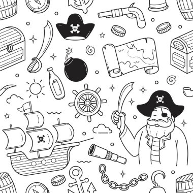 Pirates objects doodle seamless pattern wallpaper background