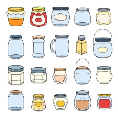 Set of vector outline doodle hand drawn jars and containers for food isolated over white background