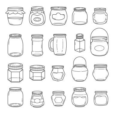 Set of vector outline doodle hand drawn jars and containers for food isolated over white background