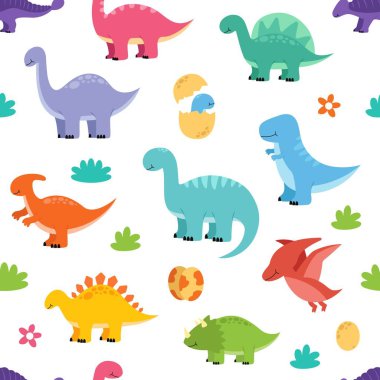 Cute adorable baby dinosaur character seamless pattern vector illustration