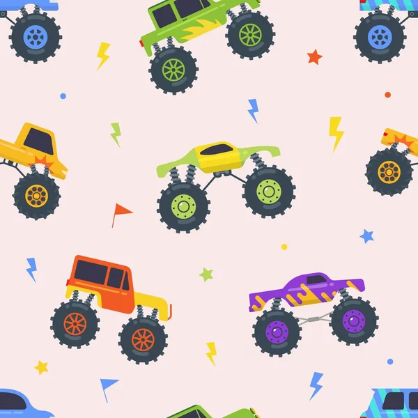 Monster Truck Cartoon Nahtlose Muster Tapete Hintergrund Vektor Illustration — Stockvektor
