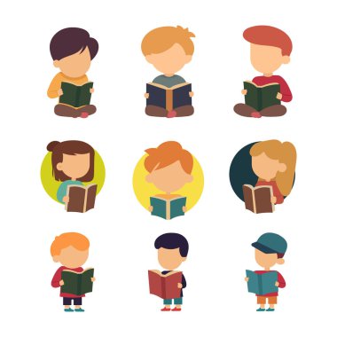 Çocuklar kitap okuyor, çocuklar çocuk edebiyatı okuyor, düz vektör çizimi yapıyor.