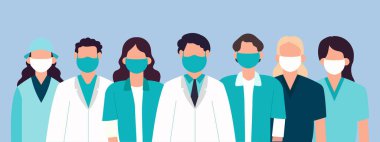Beyaz tıbbi maske takan bir grup doktor, tıp doktoru, hemşire, cerrah, profesyonel hastane çalışanları.