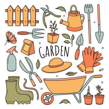 Doodle Stili Bahçıvan Aletleri. Taslak vektör çizimi, bahçıvanlık ve bahçıvanlık