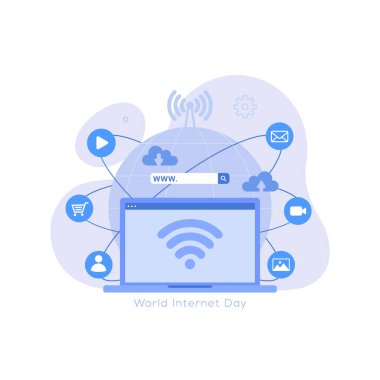 İnternetle ilgili çeşitli şeylere sahip uluslararası internet günü illüstrasyon kavramı