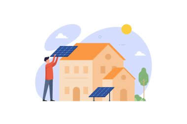 Güneş pili santrali çatı kurulum vektörü illüstrasyon kavramı