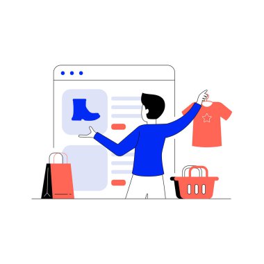 Çevrimiçi alışveriş konsepti çizimleri. Çevrimiçi alışveriş, ecommerce, sale, product order faaliyetlerindeki insanların resimleri