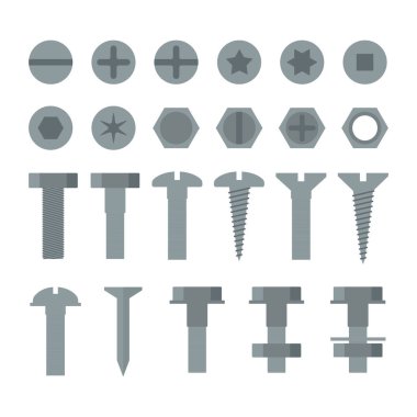 Çizgi film tarzında gri vidalar ve farklı başlıklar ve vektör illüstrasyonları