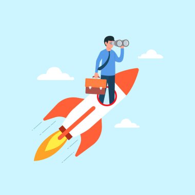 Teleskop kullanarak yeni iş fırsatları arayan bir usinessman roket penceresi açıyor. İş ve finans illüstrasyon kavramı