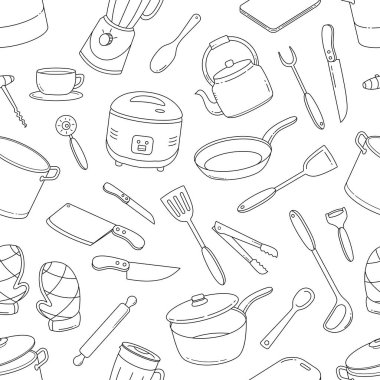 Mutfak aletleri karalama kalıplarını özetliyor. Elle çizilen çatal bıçak taslak biçimi pürüzsüz arkaplan vektör çizimi