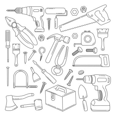 Marangoz araçları seti beyaz arkaplanda izole bir şekilde çizilmiş el karalama