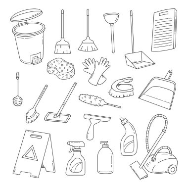 Temizlik servisi ekipmanı kümesi nesne çizimi el çizimi