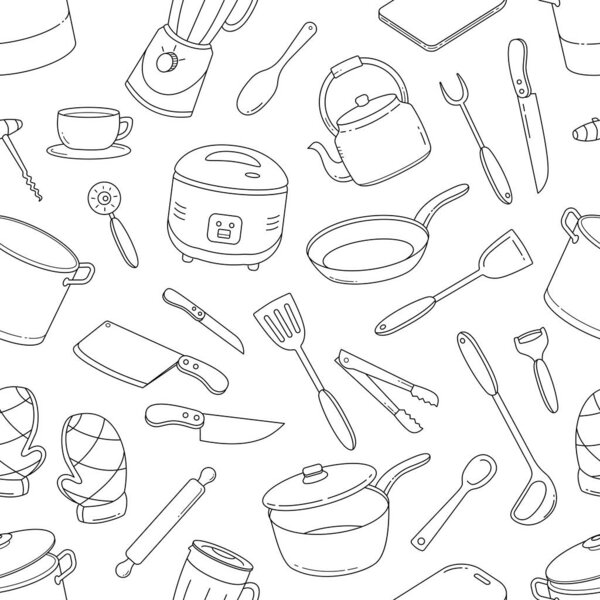 Kitchen tools outline doodle seamless pattern. Cooking utensil in hand drawn sketch style seamless background vector illustration