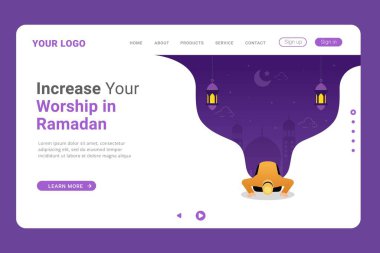İniş sayfasında Ramazan ayında ibadeti artırın. Ramazan 'ın onuncusu iniş sayfasında. Düz vektör karikatür illüstrasyon ramadan kareem