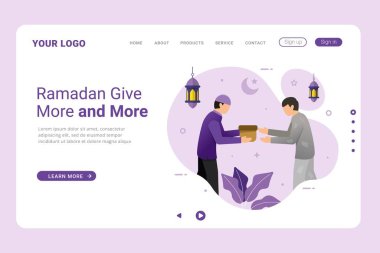 İslami Ramazan 'da bağış yapma ya da iniş sayfasında başkalarıyla paylaşma kavramı. İniş sayfası pankartıyla zekat verin