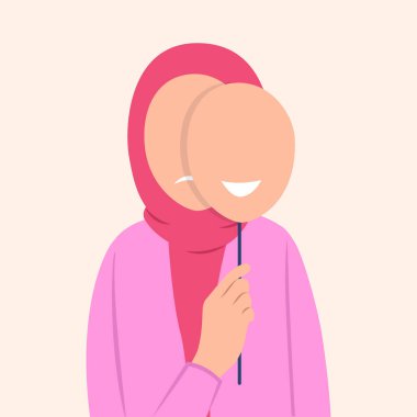 Üzgün kadın gülümseyen bir maskeyle yüzünü kapatıyor. İyi ve kötü ruh hali vektör illüstrasyonunu kavra