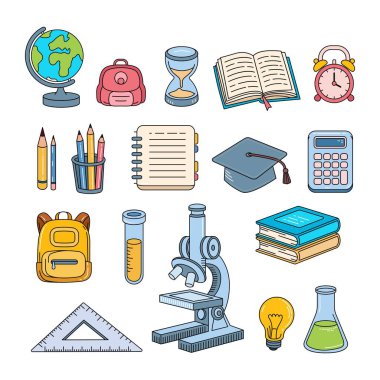 Okul malzemeleri nesne karalama el çizimi vektör illüstrasyonu