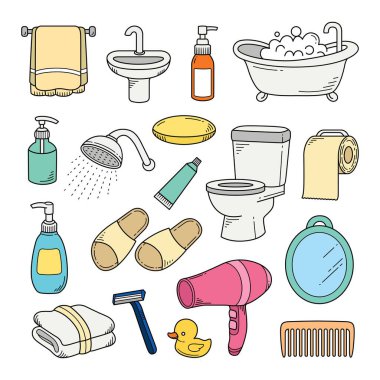 Banyo ekipmanı. Renk vektörü çizimi ile çizilmiş el.