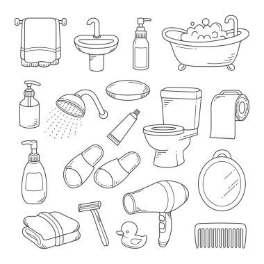 Banyo ekipmanı. Renk vektörü çizimi ile çizilmiş el.