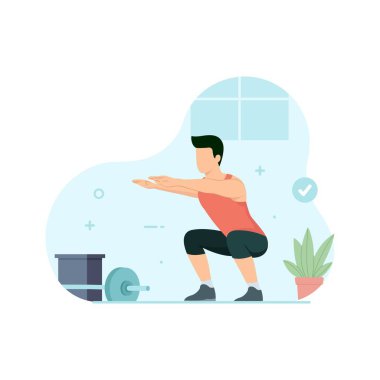 Spor salonunda hava çömelmesi yapan bir adam. Egzersiz ve konsept düz vektör çizimi