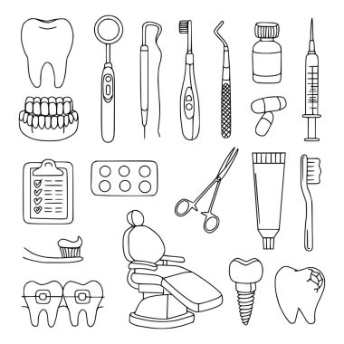 Diş kliniği ekipmanları karalama el çizimi vektör illüstrasyonu