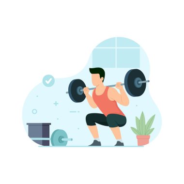 Spor salonunda halter kaldırma egzersizi yapan adam. Antrenman ve egzersiz konsepti vektör çizimi