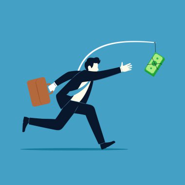 Açgözlü iş adamı para için koşuyor. Açgözlülük, açgözlülük, aşırılık, akılsızca bencillik vektörü çizimi kavramı