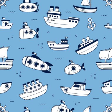 Ship and submarine doodle seamless pattern background wallpaper