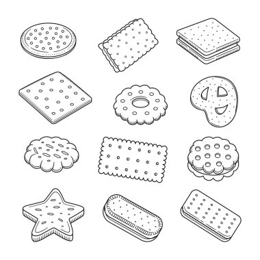 Bisküviler beyaz arkaplanda izole bir şekilde çizilmiş.