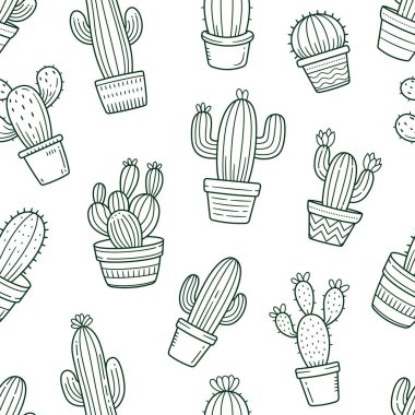 Kaktüs bitkileri elle çizilmiş kusursuz desenli vektör çizimi
