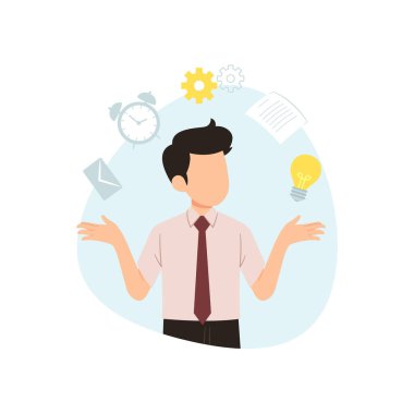 Çoklu görev adamı. Birçok işi olan bir iş adamı aynı anda görevleri çözer. Üretken çalışma süreci beyaz arkaplanda izole edildi