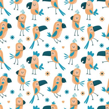 Parmak izi kartı ve bahçe dekorasyonu için sevimli, kusursuz hayvan desenli karakterler. Kuş doğa çizimi, hayvan vektör çizimi