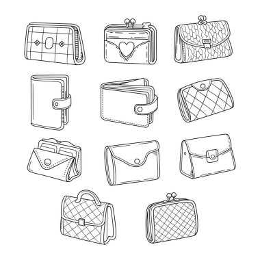 Kadın Cüzdanları Serisi Çizim el çizimi vektör illüstrasyonu