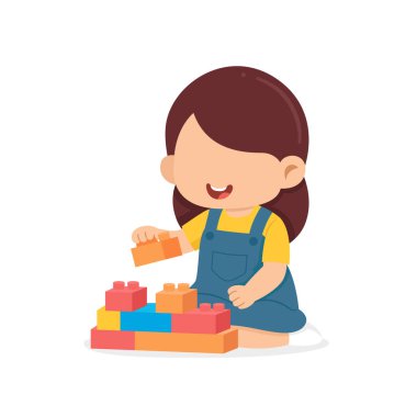 Blok oyuncaklarıyla oynayan mutlu bir kız çocuğu. Vektör çizimi.