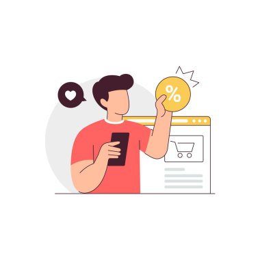 Akıllı telefon tutan adam online alışveriş yapıyor ve online mağaza düz vektör illüstrasyon konseptinden süper indirim alıyor.