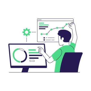 Veri bilimci konsept çizimi. Verilerin analizi, keşfi ve görselleştirilmesi, veri yönetimi