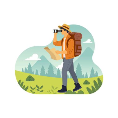 Sırt çantalı bir adam harita ve dürbünle doğa yürüyüşü yapıyor. Düz vektör resimleme sahnesi