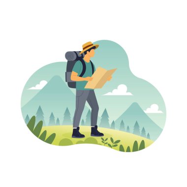 Sırt çantalı bir adam haritayla doğa yürüyüşü yapıyor. Düz konsept vektör çizimi