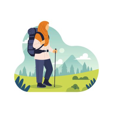 Sırt çantalı tesettürlü kadınlar doğa konsepti illüstrasyonunda geziniyor