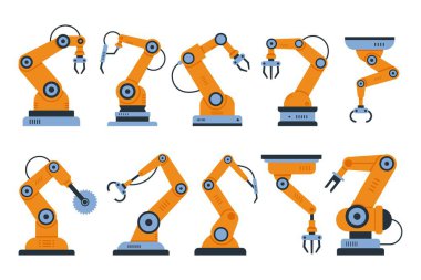 Otomatik robotik kol, endüstriyel aletler mekanik robot kol makinesi hidrolik ekipman otomotiv. Fabrika montaj robotları taşıyıcı izole edilmiş düz vektör illüstrasyonu