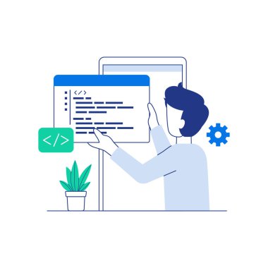 Uygulama kodu düz vektör çizimi ile yazılım geliştirici çalışması