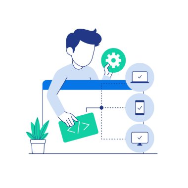 Farklı ortam düz vektör illüstrasyonu için yazılım geliştirici deneme programı kodu