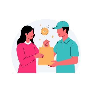 Kurye paketi müşteriye teslim etti. Dost bir kurye ile memnun bir müşteri arasındaki başarılı bir teslimat etkileşimi.